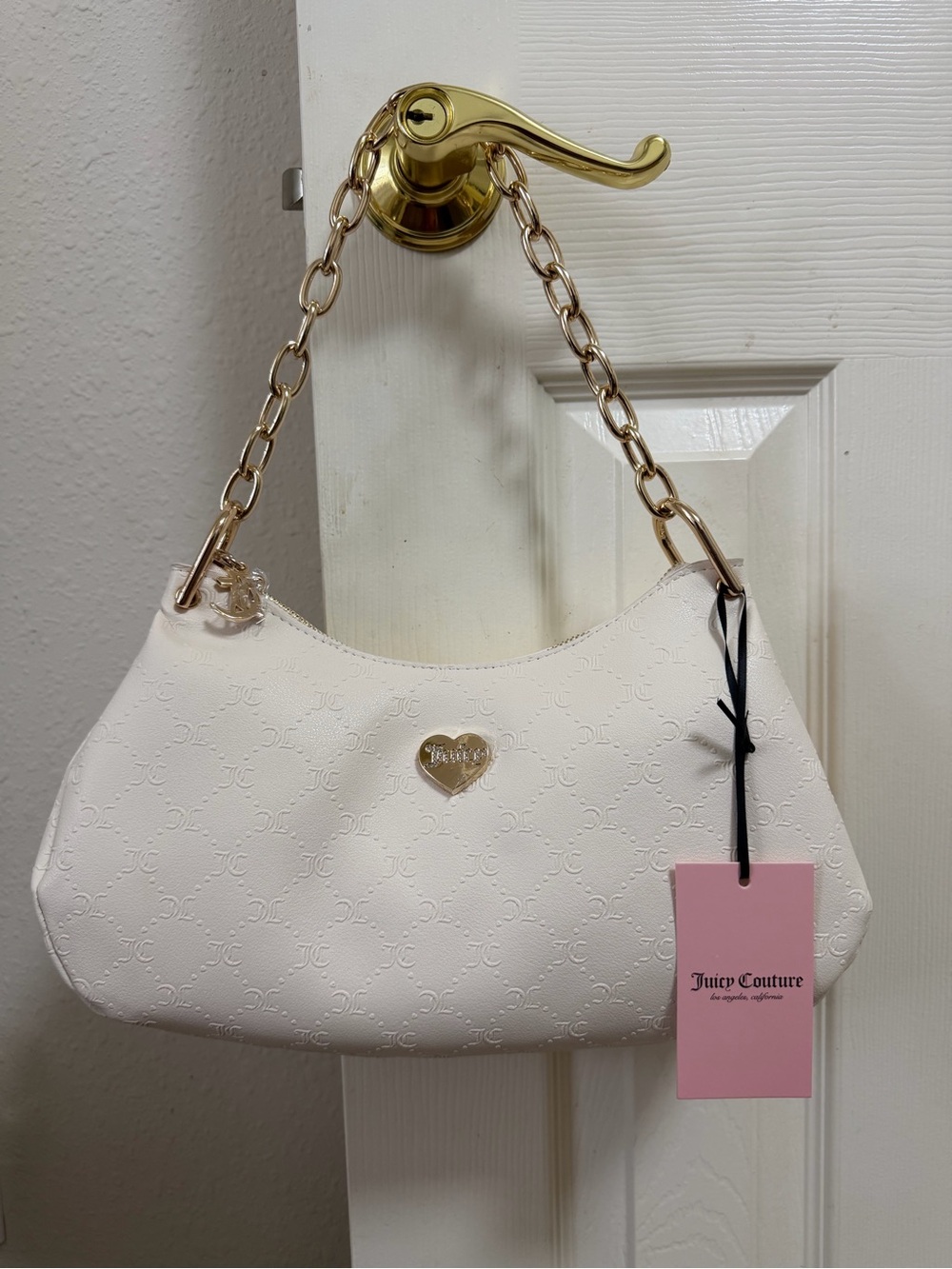 Juicy Couture White Embossed Shoulder Bag with Gold Chain
